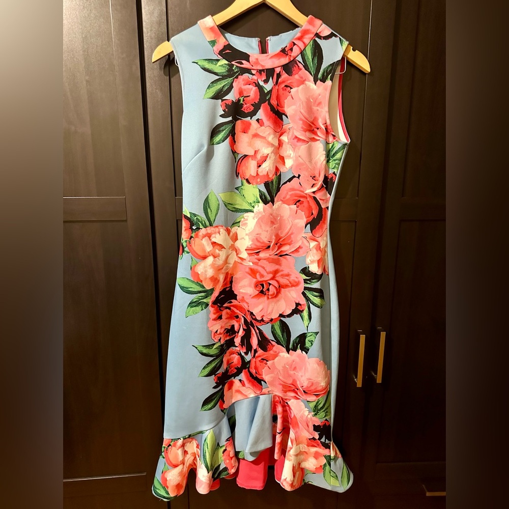 Vince Camuto Floral Ruffle Hem Sheath Dress Size 4 Cocktail Summer Event Dress